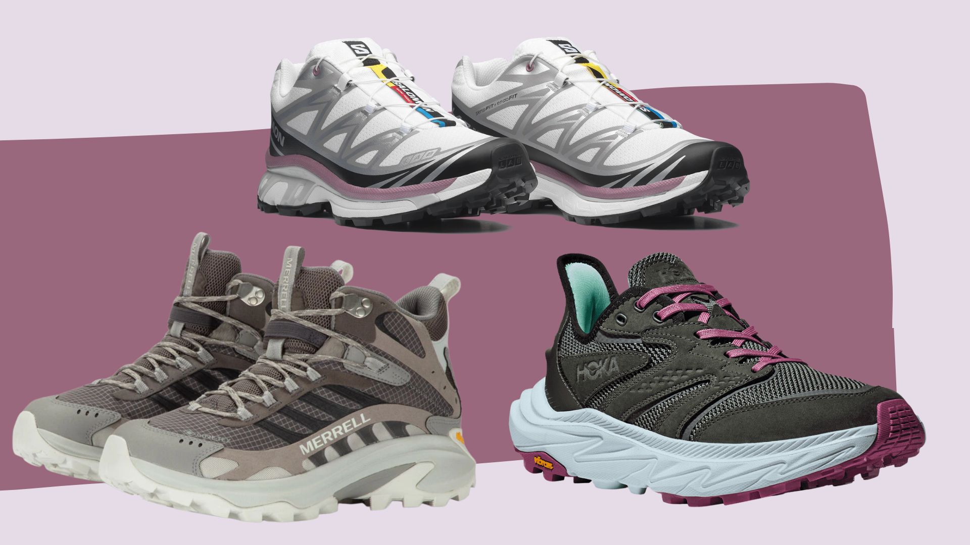 A selection of three shoes in the walking shoe sale, including Salomon XT-6, Hoka Anacapa 2, and Merrell Moab Speed 2 walking shoes