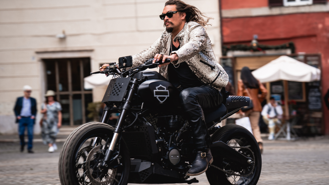 Jason Momoa riding a Harley in Fast X.