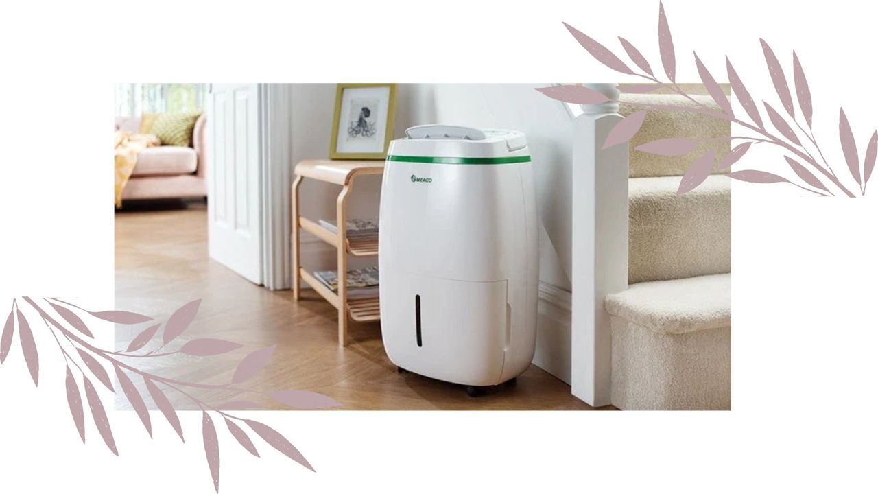 A Meaco Dehumidifier by some stairs on a border with leaves to support common dehumidifier mistakes