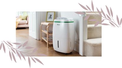 A Meaco Dehumidifier by some stairs on a border with leaves to support common dehumidifier mistakes