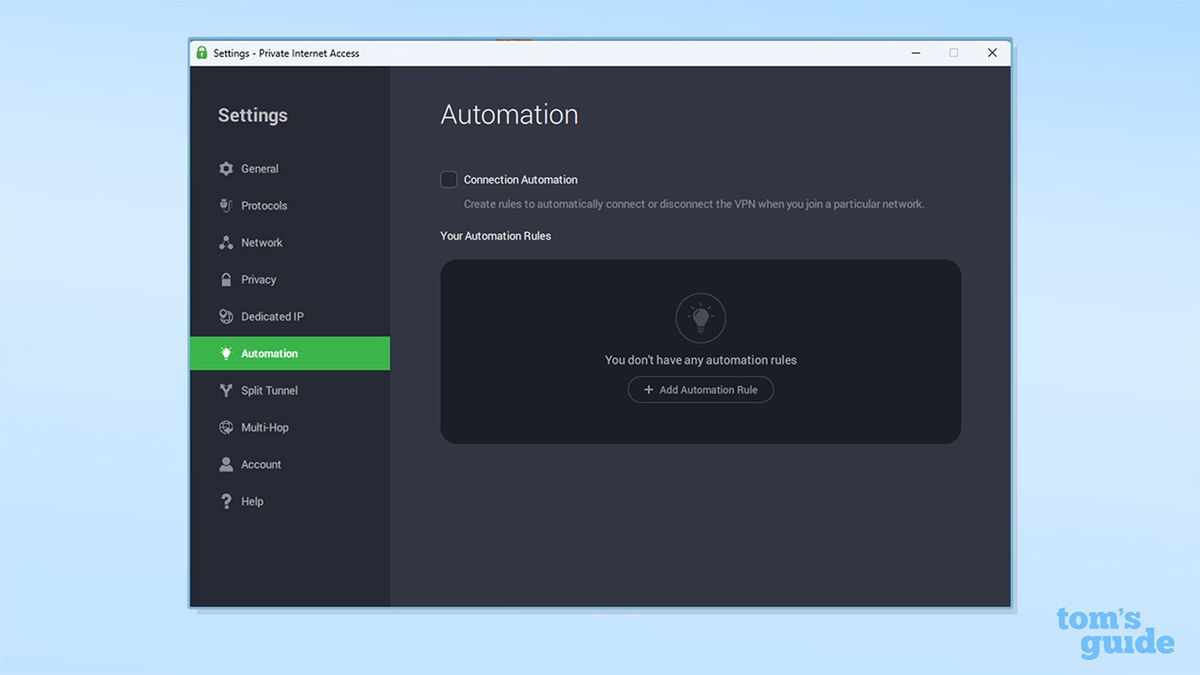 PIA's VPN automation settings on its Windows app. There is an option to add automation rules to automatically connect or disconnect the VPN when you join a particular network. There are no automation rules currently in place.