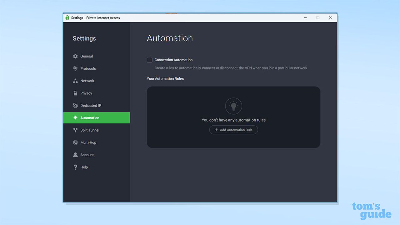 PIA's VPN automation settings on its Windows app. There is an option to add automation rules to automatically connect or disconnect the VPN when you join a particular network. There are no automation rules currently in place.