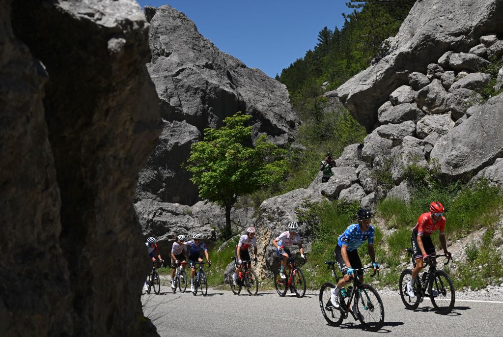 A breakaway rides during the sixth stage of the 74th edition of the Criterium du Dauphine cycling race 1965 km between Rives and Gap central eastern France on June 10 2022 Photo by Marco BERTORELLO AFP Photo by MARCO BERTORELLOAFP via Getty Images