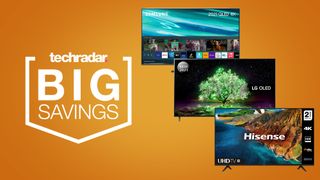 Samsung LG and Hisense TVs on an orange background with techradar big savings badge