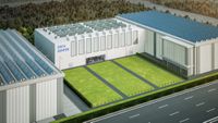 3d rendering data center building exterior with solar panels on roof
