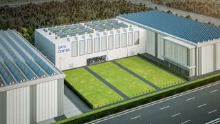 3d rendering data center building exterior with solar panels on roof