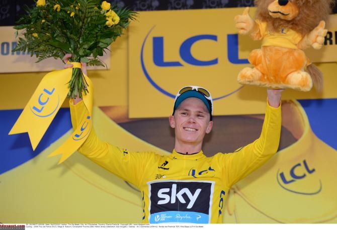 Chris Froome in his first ever yellow jersey after wining stage 8