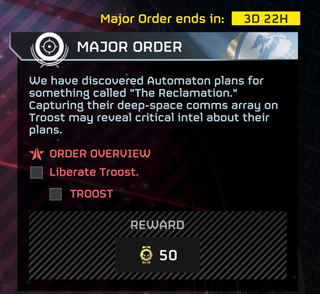 An image of the next major order in Helldivers 2, which describes the Automaton's goals as being a "reclamation".