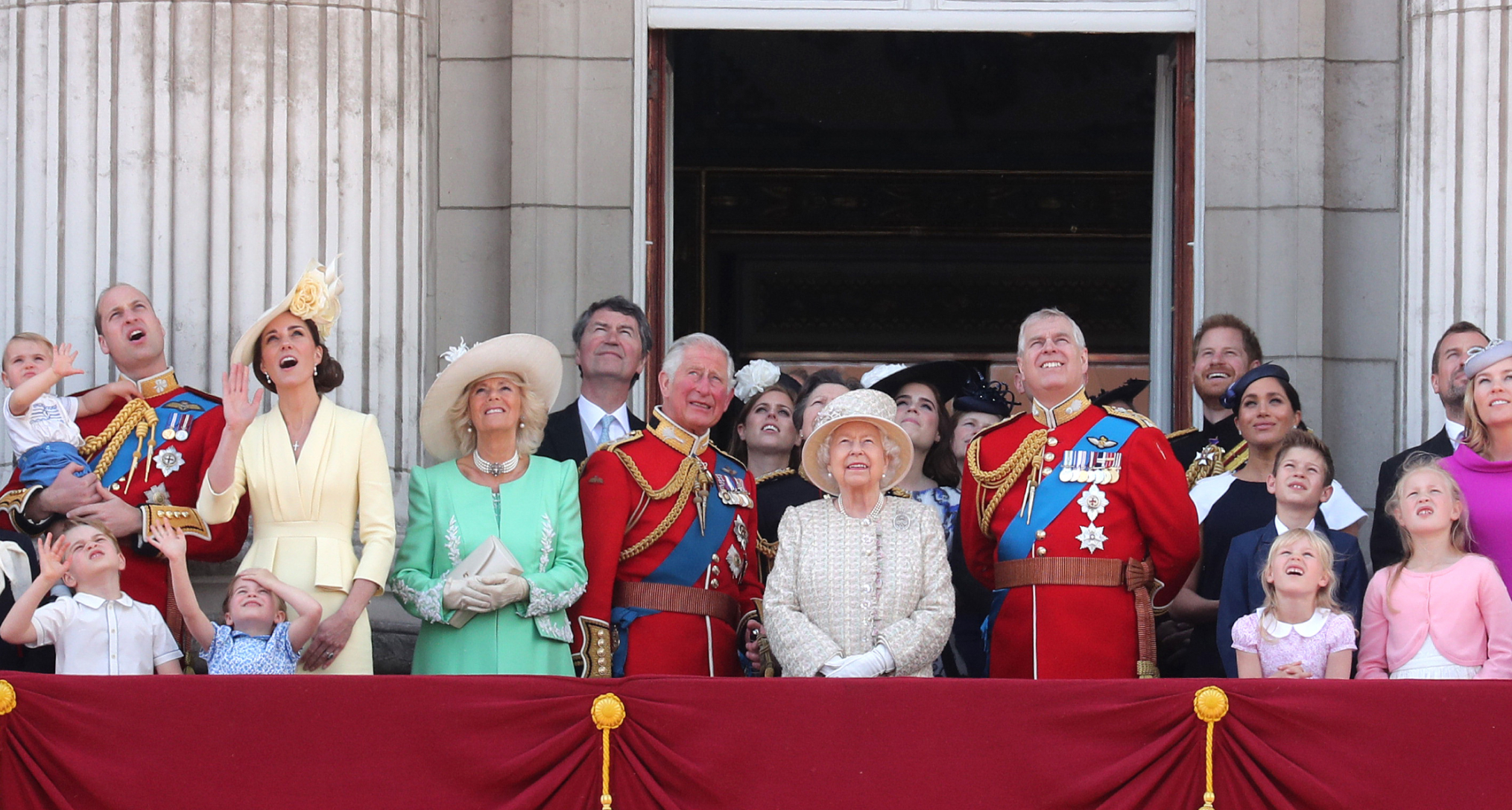 A large group of members of the Royal Family on the Buckingham Palace balcony at Trooping the Colour 2019
