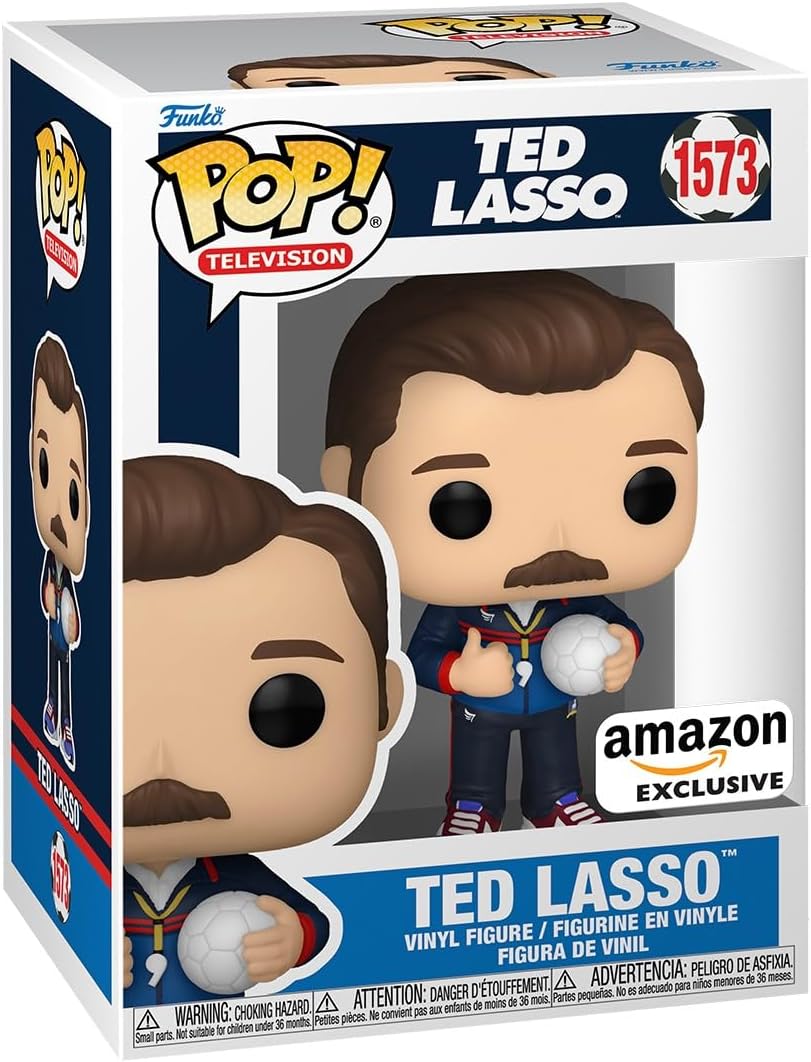 The packaging for the Ted Lasso Funko Pop figurine with Ted holding a soccer ball. 