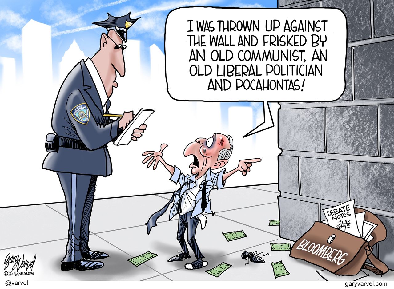 Political Cartoon U.S. Michael Bloomberg Bernie Sanders Elizabeth Warren democratic primaries stop and frisk debate