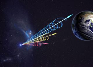 An artist's impression of a fast radio burst (FRB) reaching Earth, with colors signifying different wavelengths of light.