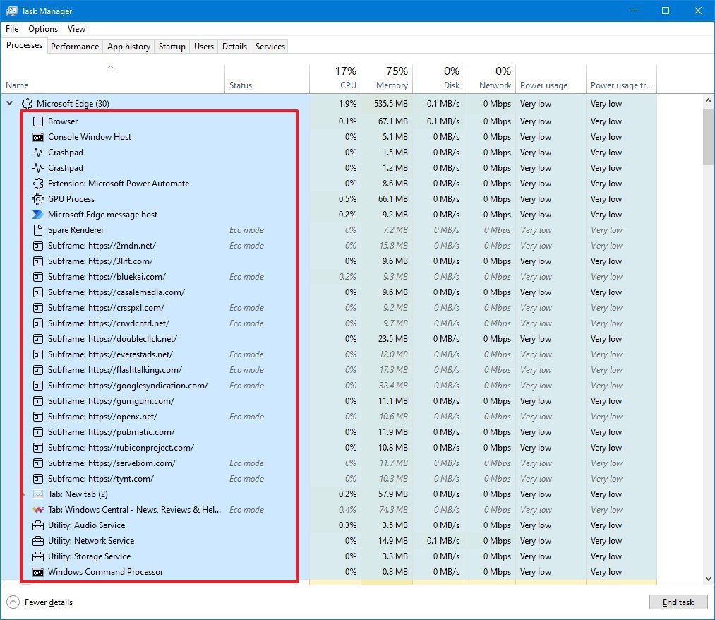 Task Manager Microsoft Edge processes