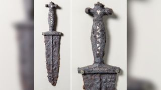 The ancient iron dagger is richly decorated with inlays of silver and brass. It belonged to a Roman legionary, and may have been buried intentionally as a token of thanks after a victory in battle.