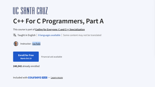 A screenshot of the Coursera website showing the signup page for the "C++ For C Programmers, Part A" course