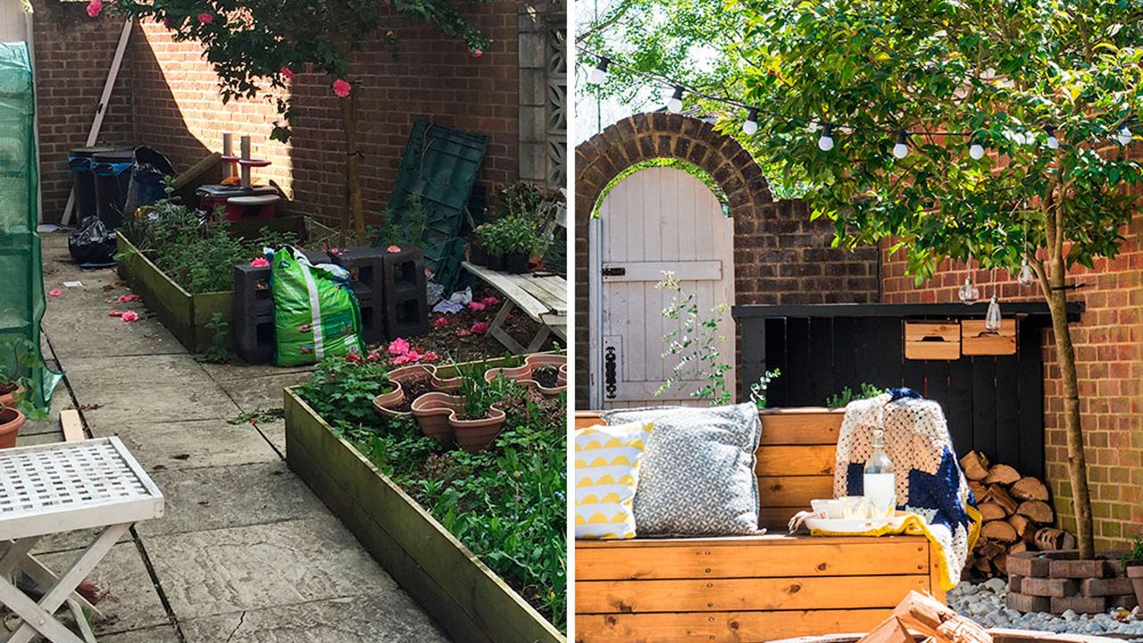 garden makeover with wooden bench and fire place