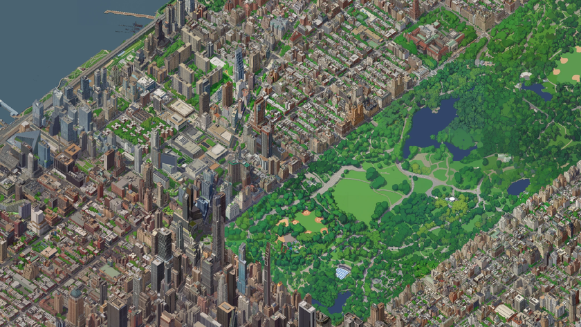 A chunk of Andy Coenen's AI generated isometric-style city map of New York City. Central Park takes up almost half of the image.