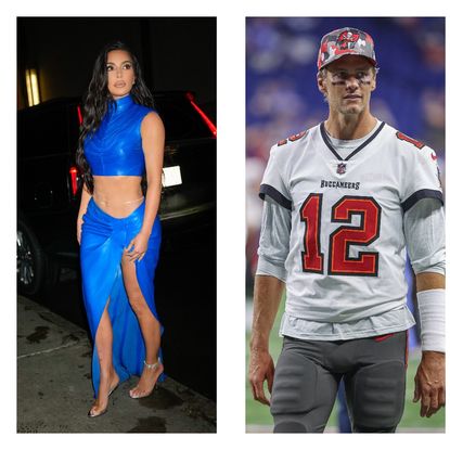 Side by side of Kim Kardashian and Tom Brady