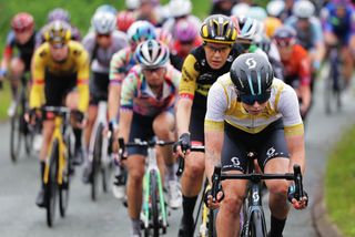 Lorena Wiebes leads the peloton at the Women's Tour's stage 4, while wearing the overall leader's jersey