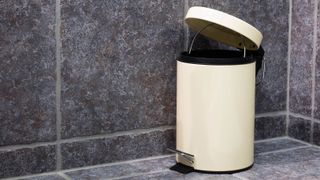 A trash can in a bathroom