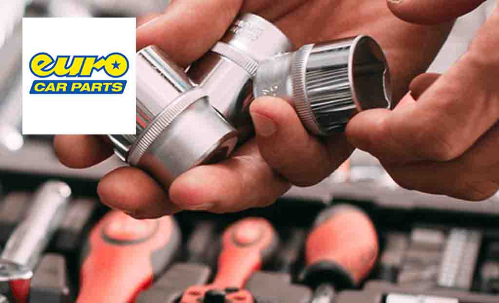 Euro Car Parts logo placed over an image of close up shot of hands with nuts and bolts