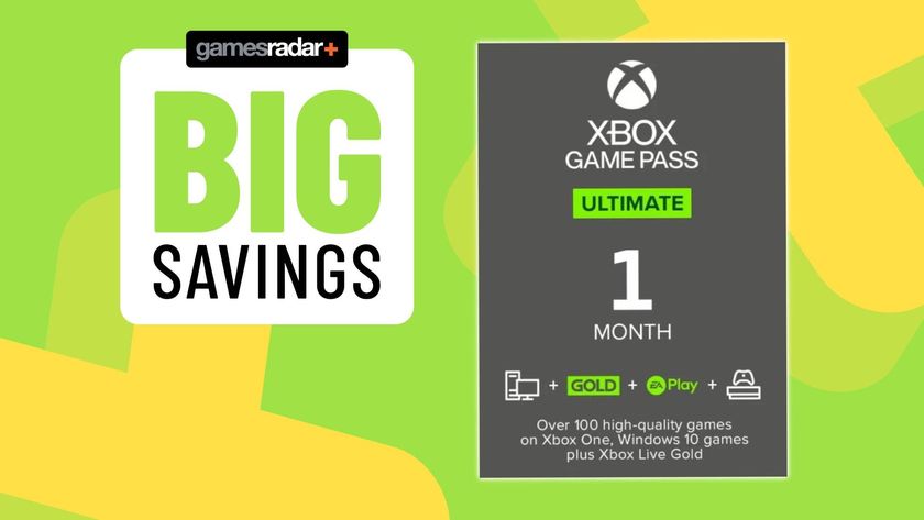 Official marketing image of a 1 Month Game Pass Ultimate subscription on a light green GamesRadar+ background.