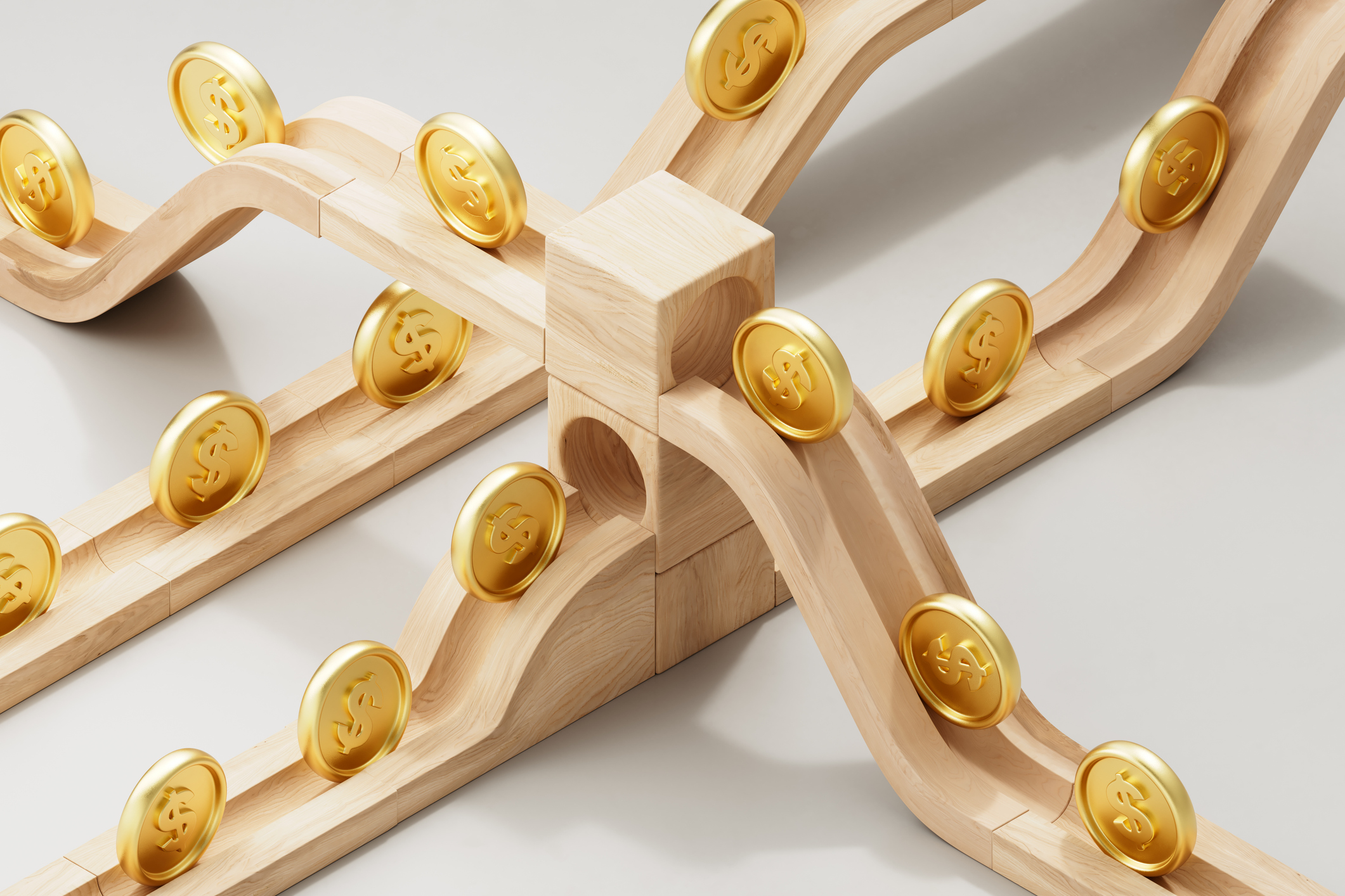 digitally generated image of coins rolling on a wooden track
