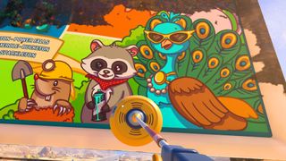 A billboard from PowerWash Simulator 2 with bright colored animals on it and a bit of dirt