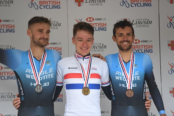 Picture by Simon Wilkinson/SWpix.com - 14/10/2021 - HSBC UK British Cycling Championship, Road. Individual Time Trial, ITT Elite Men - Tealby, Lincolnshire, England - Ethan Hayter of Team Ineos Grenadiers winning the Elite Men's National Time Trial Championships with Daniel Bingham of Team Ribble Weldtite in second and James Shaw of Ribble Weldtite Pro Cycling in third
