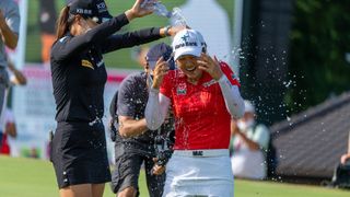 Minjee Lee celebrates after winning the 2021 Evian Championship in France