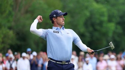 Michael Hollick celebrates after holing the winning putt at the 2026 BMW International Open