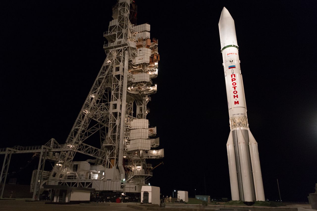 A Russian Proton-M rocket stands ready to launch the Express 80 and Express 103 communications satellites for the Russian Satellite Communications Company from Baikonur Cosmodrome on July 30, 2020.