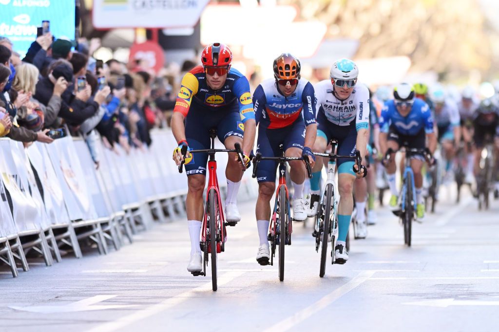 CASTELLON SPAIN JANUARY 31 LR Jonathan Milan of Italy and Team Lidl Trek Michael Matthews of Australia and Team JaycoAlUla and Matej Mohoric of Slovenia and Team BahrainVictorious sprint at finish line during 75th Volta a la Comunitat Valenciana 2024 Stage 1 a 167km stage from Benicassim to Castellon de la Plana on January 31 2024 in Castellon Spain Photo by Dario BelingheriGetty Images