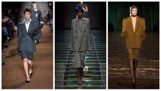 models wearing suits on the Fall 2024 runways of Miu Miu, Prada, and Saint Laurent