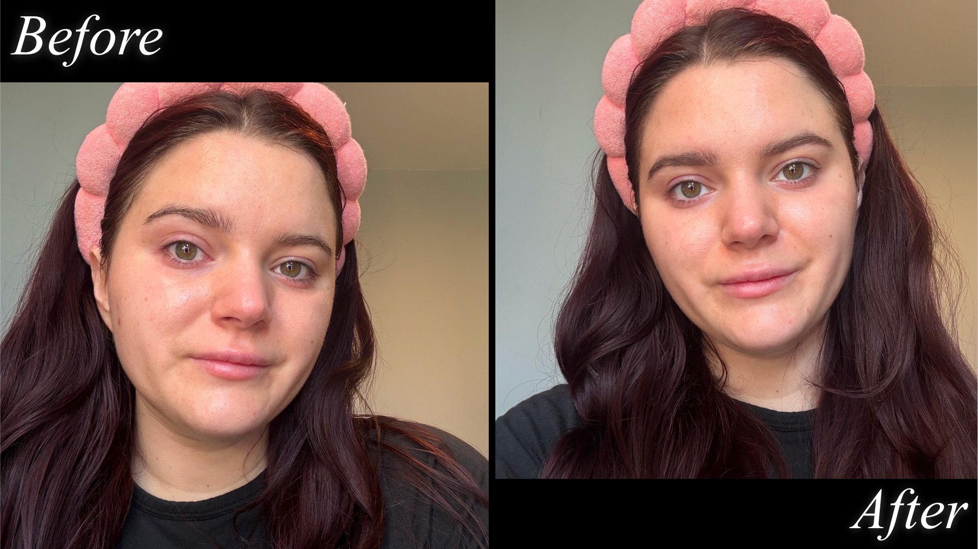 Split image of Brooke Knappenberger testing Merit Beauty Brow 190 Volumizing Pomade Dark Brown with before and after text on black background