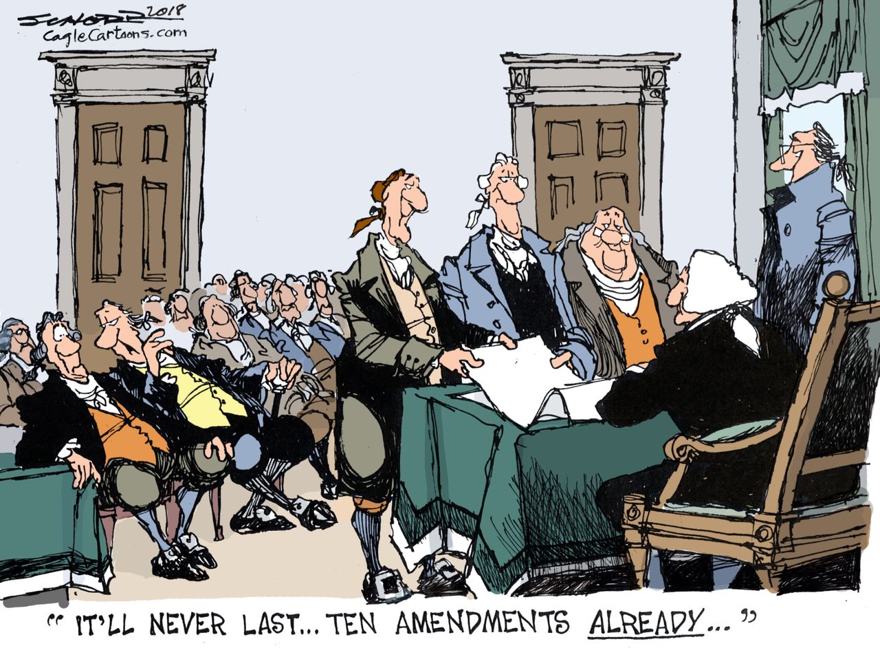 Political cartoon U.S. founding fathers Bill of Rights constitution amendments