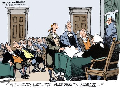 Political cartoon U.S. founding fathers Bill of Rights constitution amendments