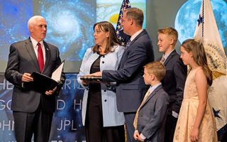 Vice President Mike Pence swears in new NASA Administrator Jim Bridenstine on April 23, 2018, at the agency’s headquarters in Washington, D.C.