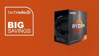 An AMD CPU in retail packaging on an orange background with a TechRadar 'BIG SAVINGS' badge.