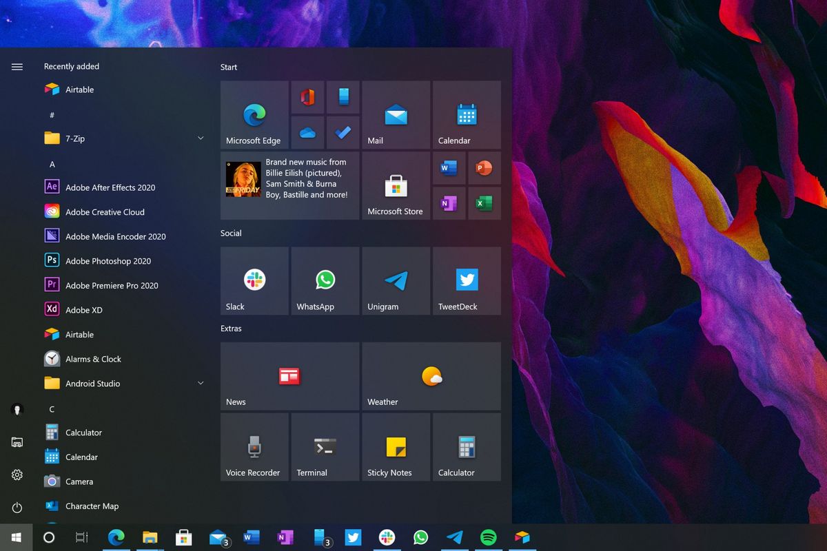 Windows 10 Start menu 20h2