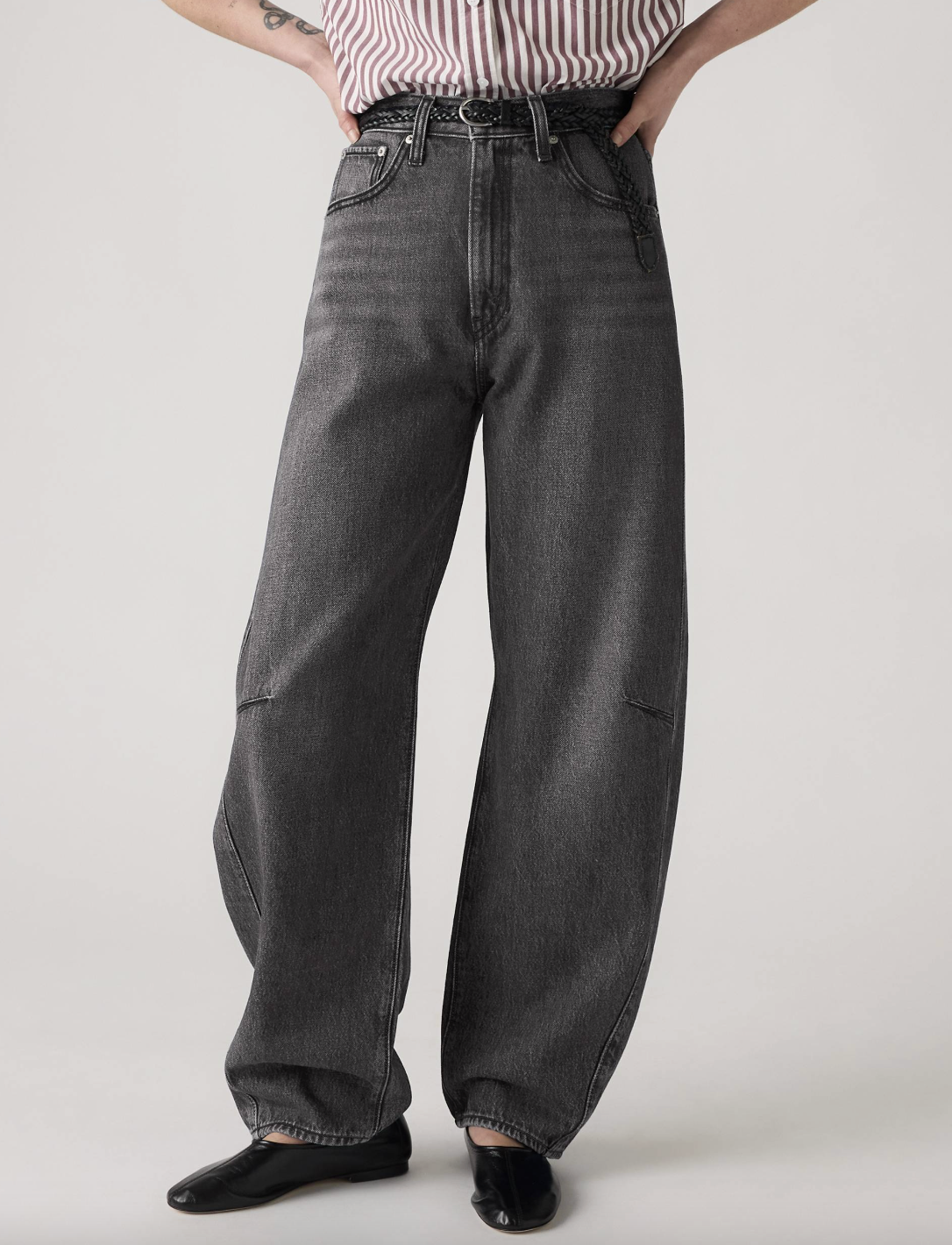 gray barrel leg jeans