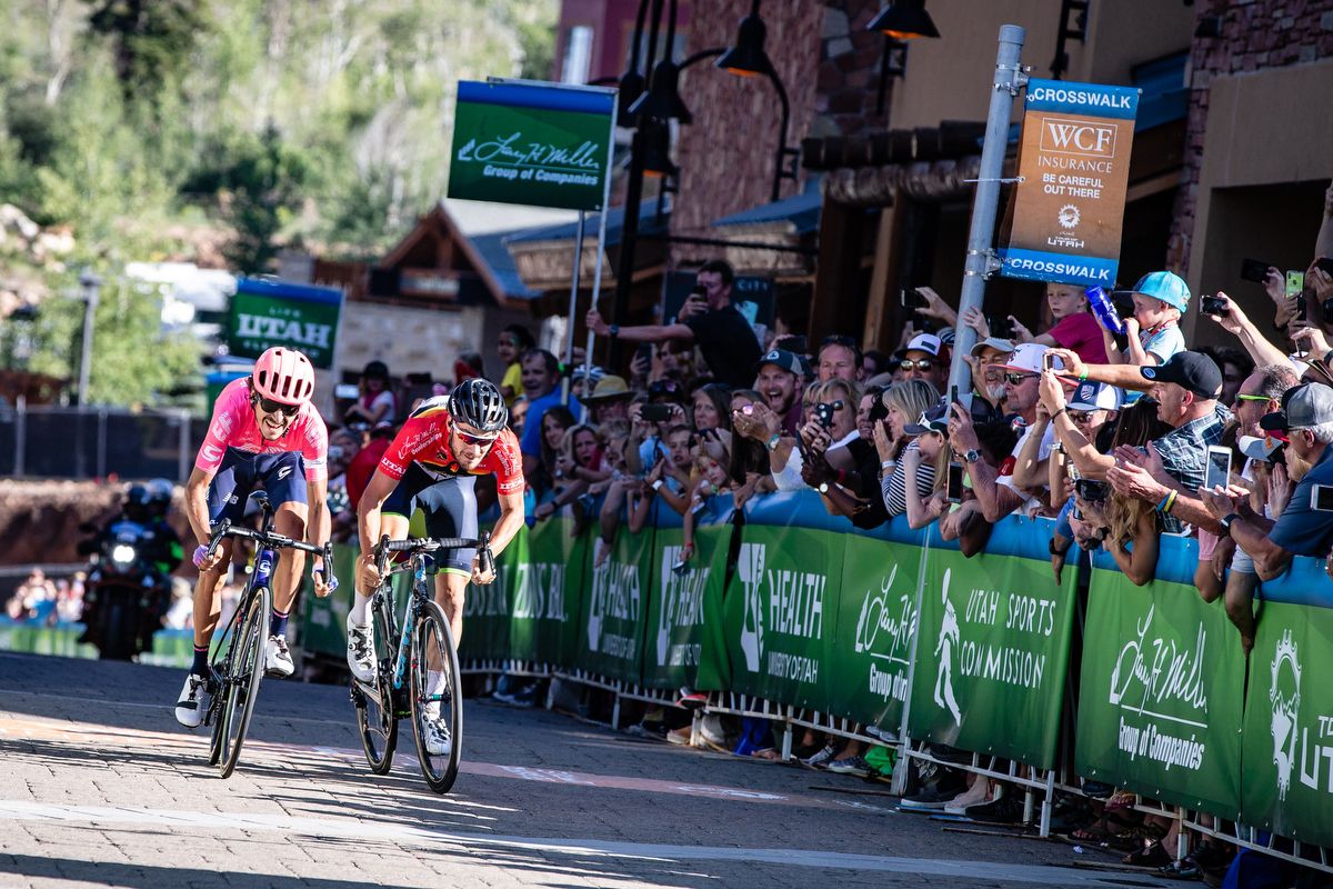 Lachlan Morton (EF Education First) and Hayden McCormick (Team Bridgelane) sprint for the line