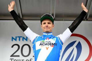 Mihkel Raim (Israel Cycling Academy) on the podium after winning stage 4 at the Tour of Japan