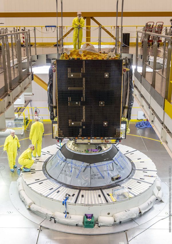 EDRS-C, the second satellite to join the European Data Relay System (EDRS) constellation, is mated with its launch vehicle at the Guiana Space Center in Kourou, French Guiana.