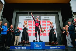 Dylan Tuens (BMC) on the podium after winning the opening stage at the Arctic Race of Norway