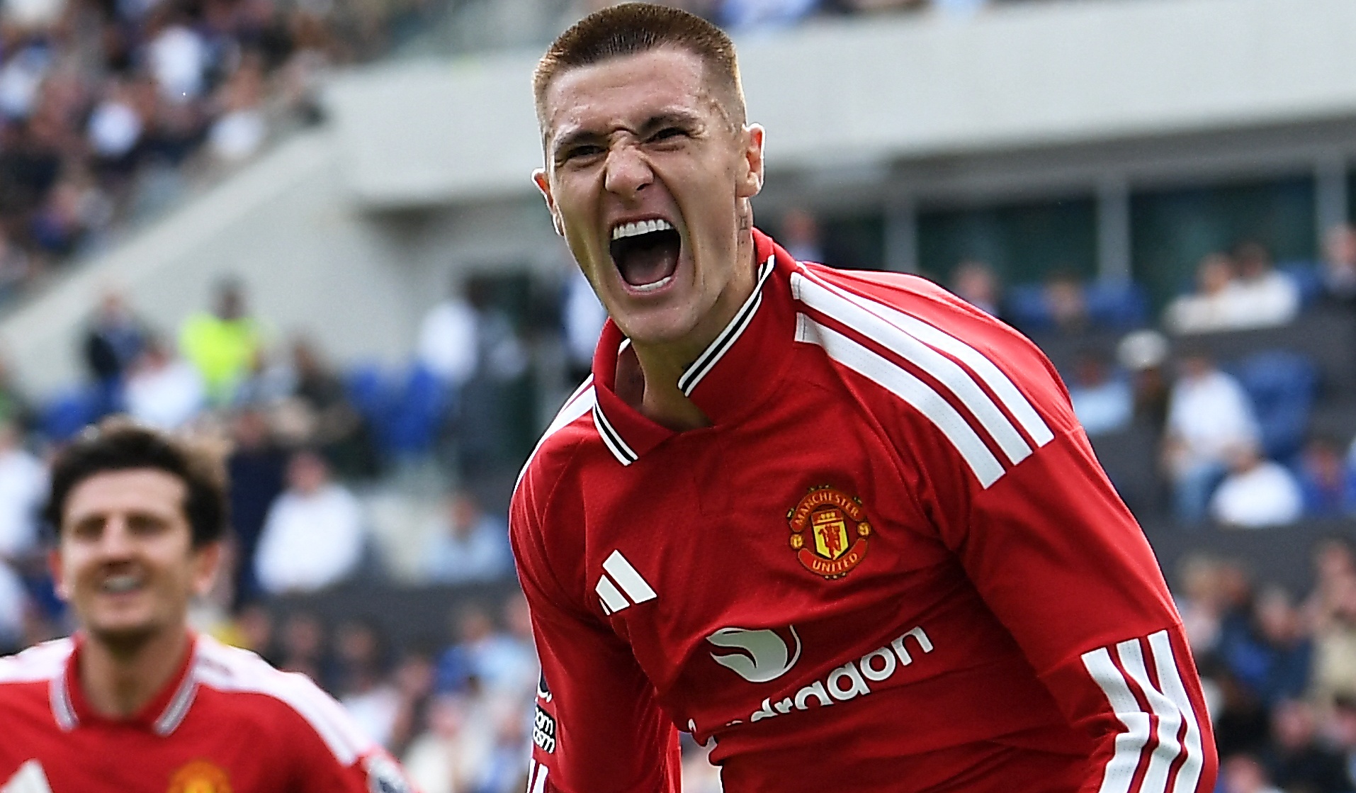 Benjamin Sesko celebrates scoring the team's second goal during the English Premier League match against Everton at Hill Dickinson Stadium in Liverpool, north-west England on September 6, 2026