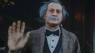 A Red Dead Online player dressed as Albert Einstein waves at the screen
