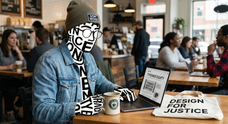 A man made of fonts sits at a coffee shop