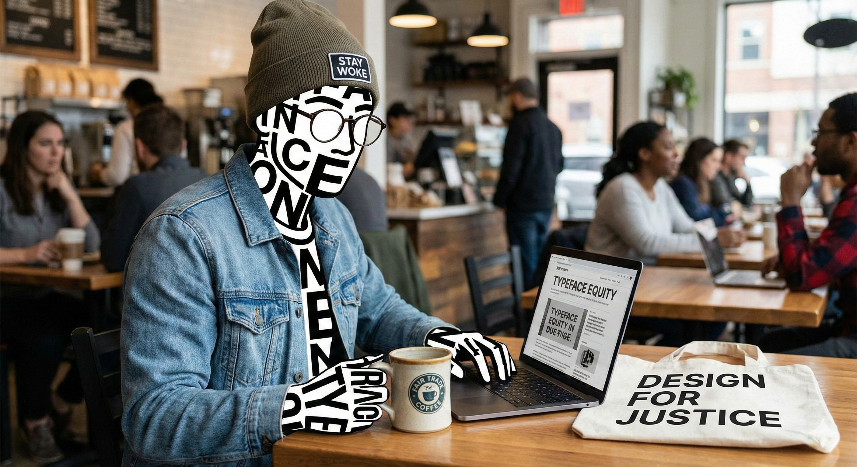 A man made of fonts sits at a coffee shop