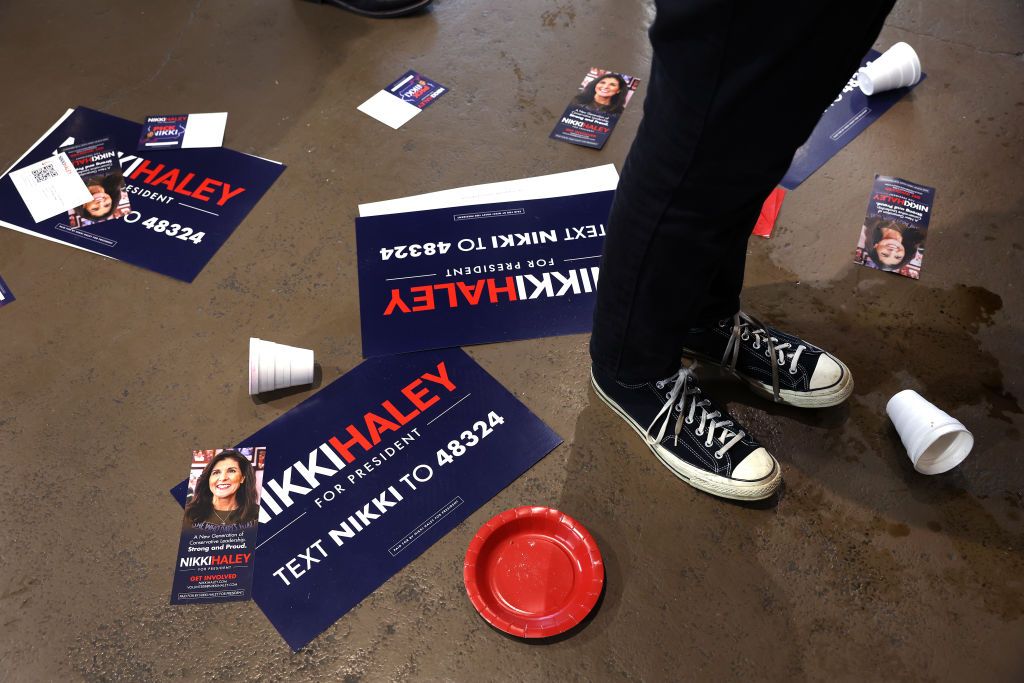 Guests wait to greet Republican presidential candidate former U.N. Ambassador Nikki Haley as she wraps up a campaign stop at the Nevada Fairgrounds